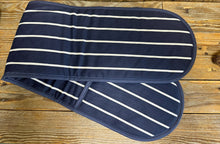 Load image into Gallery viewer, Navy Butchers Stripe Double Oven Glove With Navy Trim