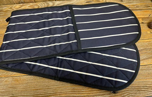 Navy Butchers Stripe Double Oven Glove With Black Trim