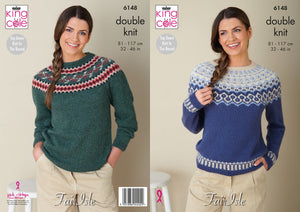 King Cole Double Knitting Pattern Ladies ‘Top Down Knit in the Round’ Fair Isle Sweater 6148