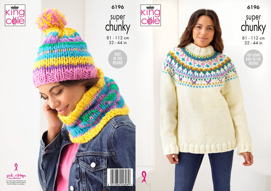 King Cole Knitting Pattern Ladies ‘Top Down Knit in the Round’ Super Chunky Sweater & Accessories 6196