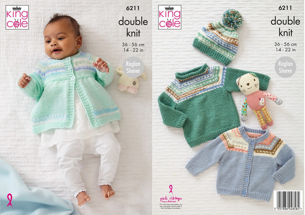 King Cole Knitting Pattern Babies Cardigan, Sweater, Matinee Coat & Hat (6211)