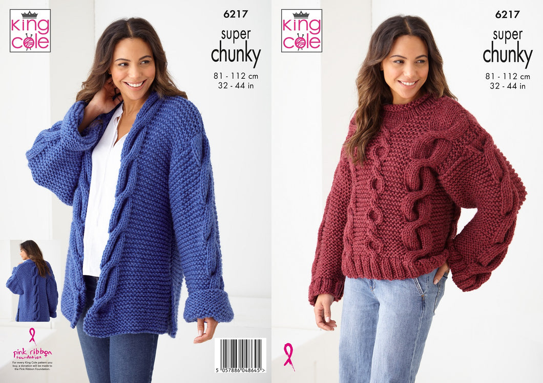 King Cole Cable Knitting Pattern Super Chunky Sweater & Cardigan (6217)