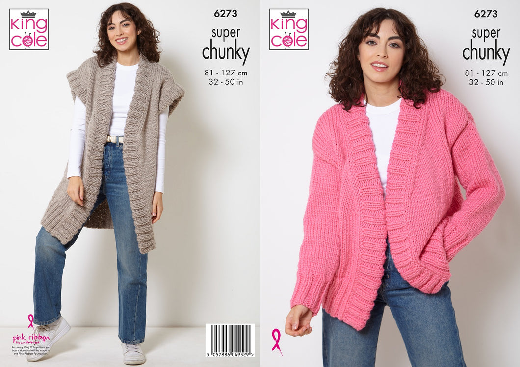 King Cole Knitting Pattern Super Chunky Jacket & Long Waistcoat (6273)