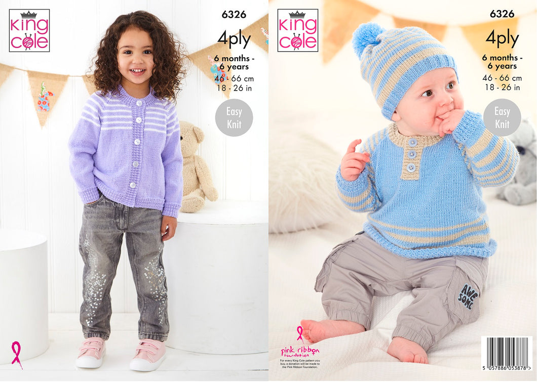 King Cole Knitting Pattern Babies & Kids 4Ply Sweater, Cardigan & Hat (6326)