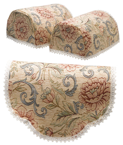 Tapestry Style Round Arm Caps & Chair Back Set (Beige with Pink Flower)