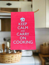 Load image into Gallery viewer, Keep Calm And Carry On Cooking Red Tea Towel