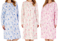 Slenderella Ladies Floral Long Sleeve Picot Trim Nightdress (3 Colours)