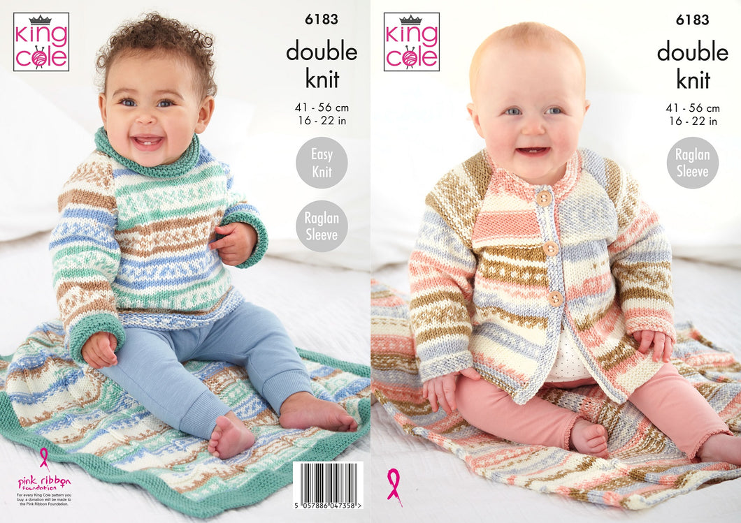 King Cole Double Knit Pattern 6183 Kids Raglan Coat, Sweater and Blanket