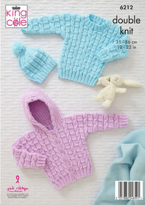 King Cole Double Knitting Pattern - Baby Jacket, Sweater Sleeping Bag & Hat (6212)