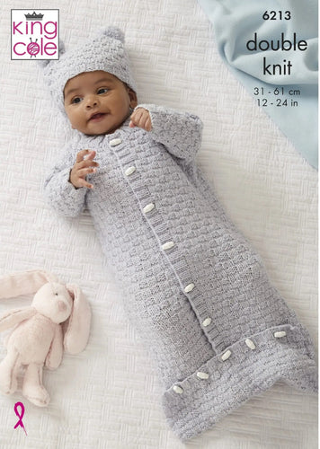 King Cole Double Knitting Pattern - Baby Jacket, Sweater Sleeping Bag & Hat (6213)