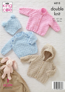 King Cole Double Knitting Pattern - Baby Jacket, Sweater Sleeping Bag & Hat (6213)