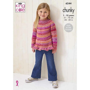 King Cole Knitting Pattern Girls Knitted in the Round Chunky Sweaters (6244)