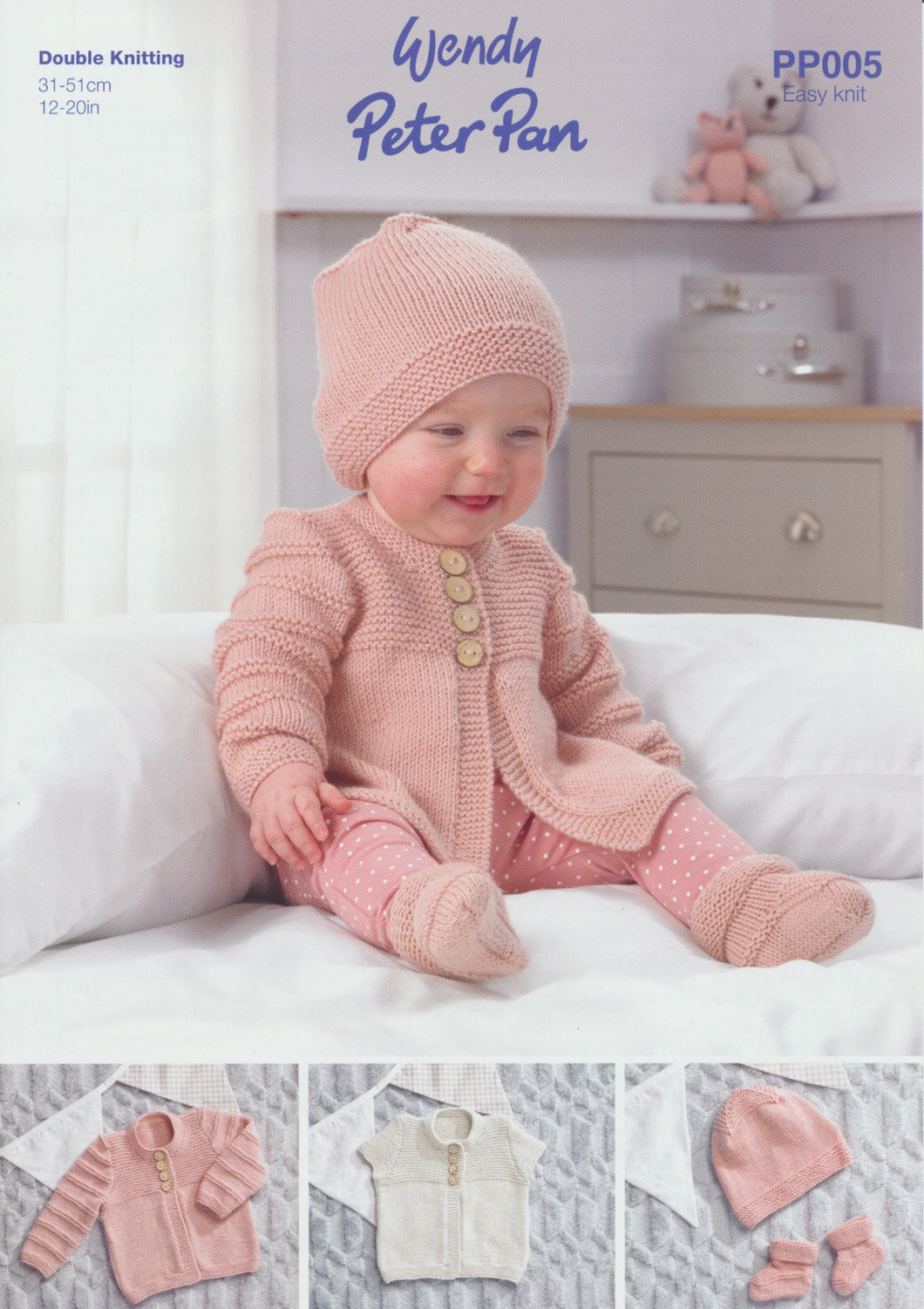 Wendy Peter Pan Baby Double Knitting Pattern - Cardigans Hat & Bootees (PP005)