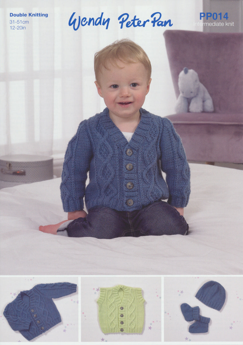 Wendy Peter Pan Baby DK Knitting Pattern - Cardigan Waistcoat & Bootee ...