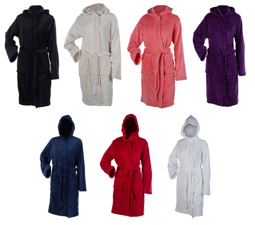 Womens Soft Coral Fleece Hooded Bathrobe - Medium (Various Colours)