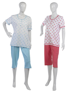 Ladies 100% Cotton Flower & Polka Dot Pyjamas S - XL (Aqua or Red)