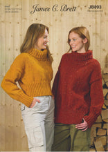 Load image into Gallery viewer, James Brett Aran Knitting Pattern Ladies Short or Long Roll Neck Sweaters (JB893)