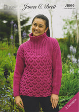 Load image into Gallery viewer, James Brett Aran Knitting Pattern Ladies Slash Neck or Funnel Neck Sweater (JB910)