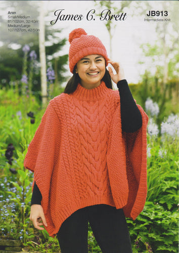 James Brett Aran Knitting Pattern Ladies Cable Detail Sweater & Pom Pom Hat (JB913)