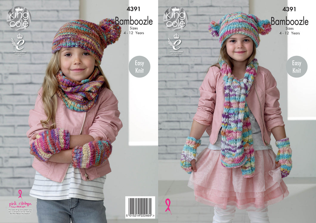 King Cole Bamboozle Knitting Pattern - Girls Winter Accessories (4391)