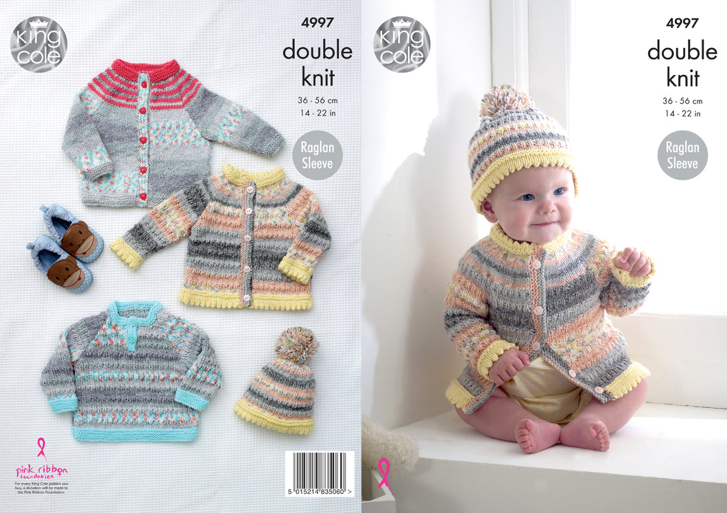 King Cole Double Knitting Pattern - Baby Cardigans Sweater & Hat (4997)