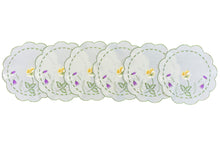 Load image into Gallery viewer, Pack of 6 Embroidered Spring Floral Scalloped Edge Doilies (2 Sizes)