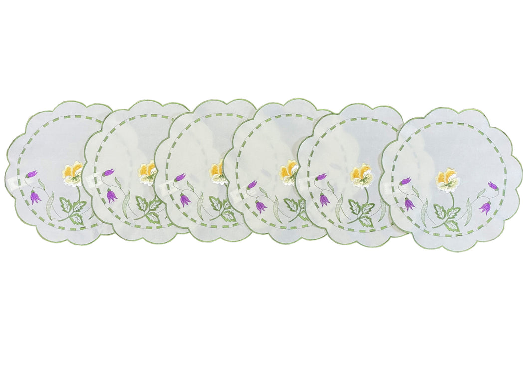 Pack of 6 Embroidered Spring Floral Scalloped Edge Doilies (2 Sizes)