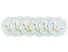 Load image into Gallery viewer, Pack of 6 Embroidered Spring Floral Scalloped Edge Doilies (2 Sizes)