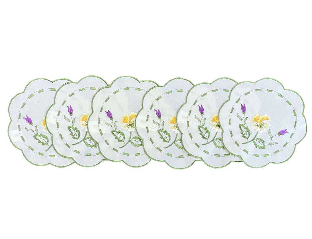 Pack of 6 Embroidered Spring Floral Scalloped Edge Doilies (2 Sizes)