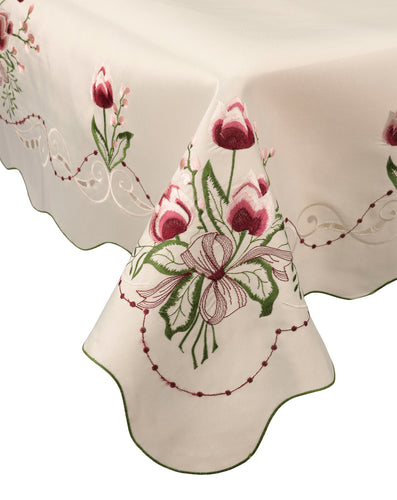 Embroidered Tulip Tablecloth with Scalloped Edge & Cut Out Detail (36