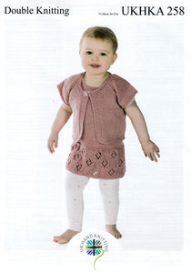 UKHKA 258 Double Knitting Pattern – Cardigans Dress & Hat Set