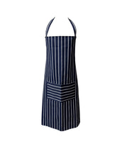 Load image into Gallery viewer, Navy Butchers Stripe 100% Cotton Bib Apron with Pocket 90cm x 100cm