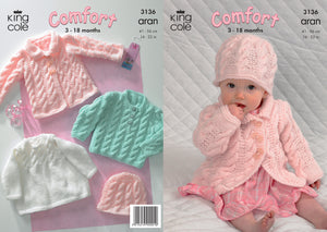 King Cole Comfort Aran Knitting Pattern - 3136 Baby Coat Dress Sweater & Hat