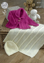 Load image into Gallery viewer, King Cole Aran Knitting Pattern - Babys Jacket, Blanket &amp; Hat (4222)