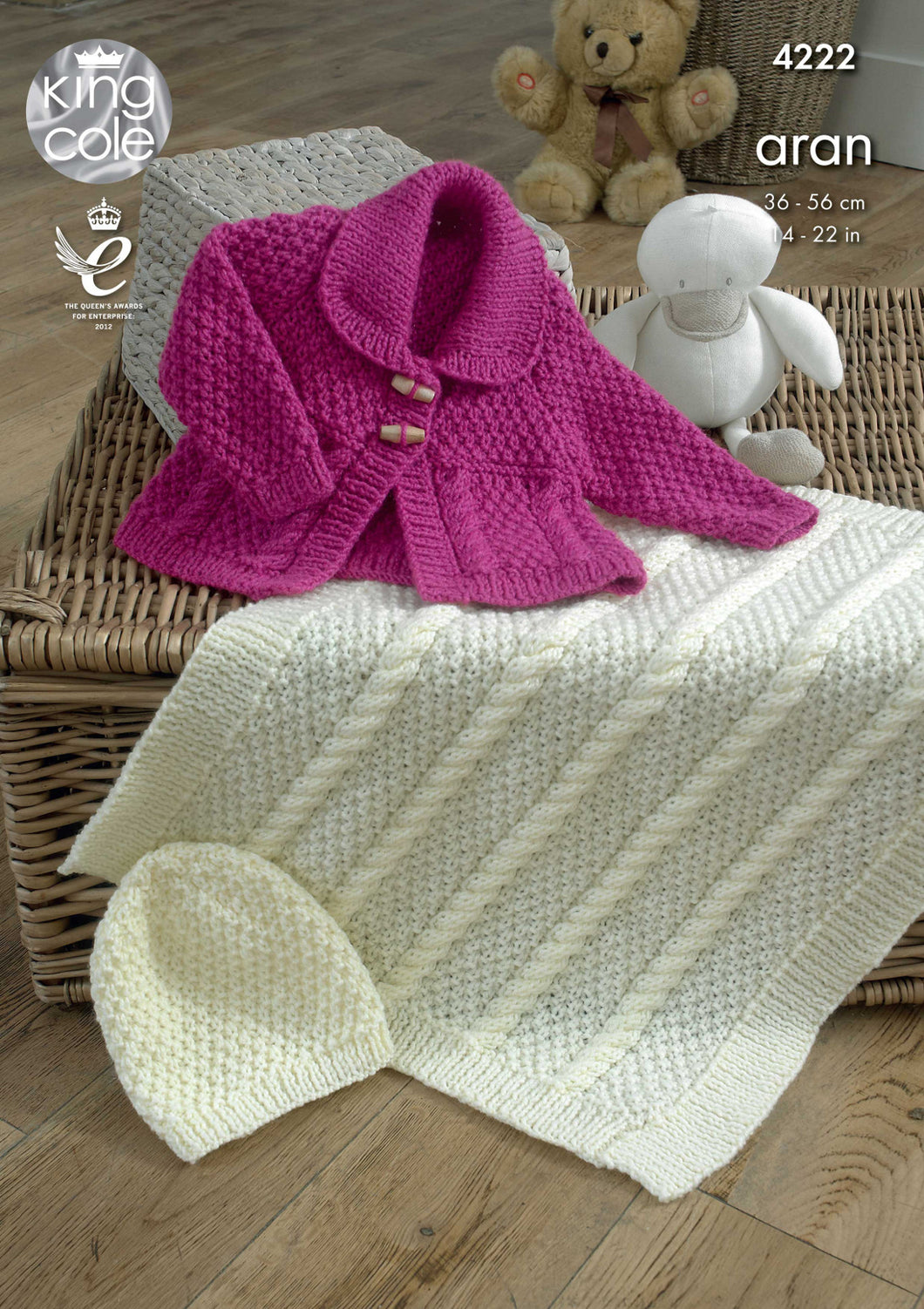 King Cole Aran Knitting Pattern - Babys Jacket, Blanket & Hat (4222)