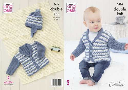 King Cole Double Knit Crochet Pattern - Baby Jacket Hat & Blanket (5414)