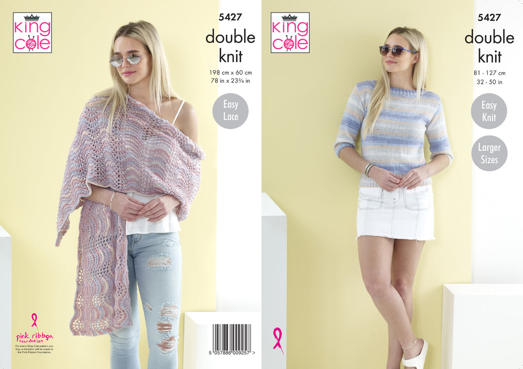 King Cole Double Knitting Pattern - Ladies Sweater & Shawl (5427)