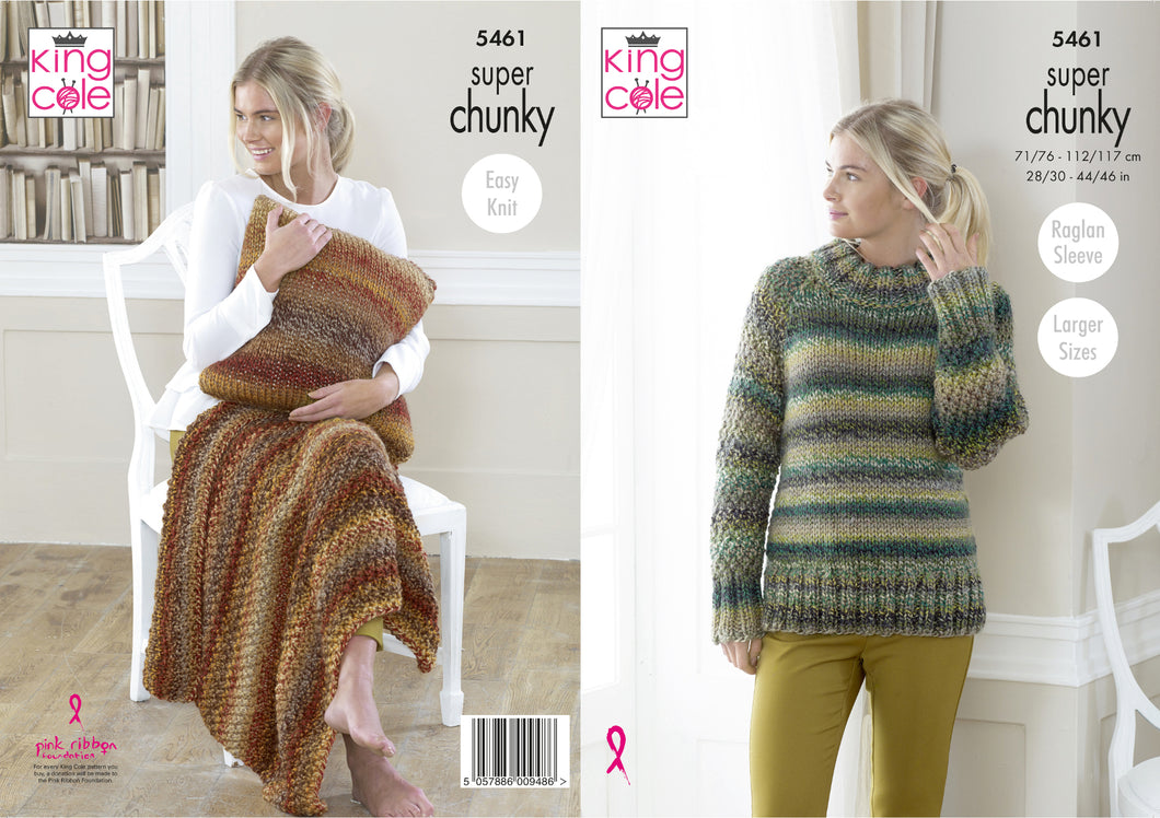 King Cole Super Chunky Knitting Pattern - Ladies Sweater Throw & Cushion (5461)
