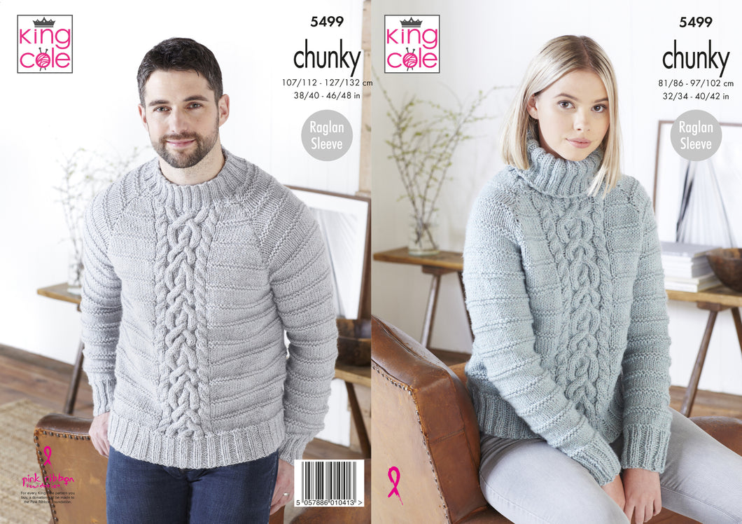 King Cole Chunky Knitting Pattern - Ladies/Mens Sweaters (5499)
