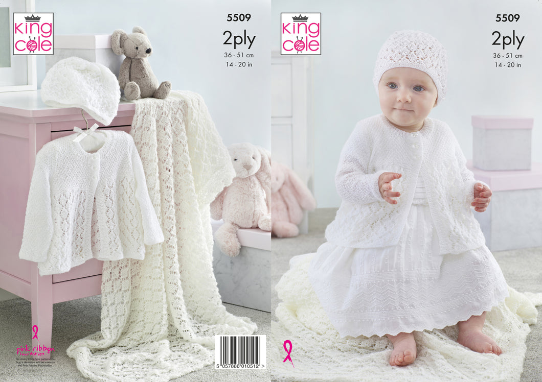 King Cole 2ply Knitting Pattern - Baby Matinee Jacket Shawl & Hat (5509)