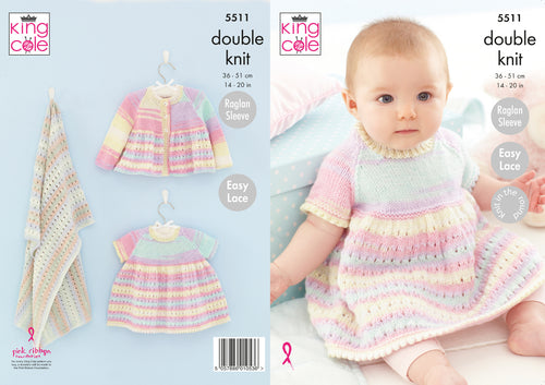 King Cole Double Knit Knitting Pattern - Baby Dress Coat & Blanket (5511)