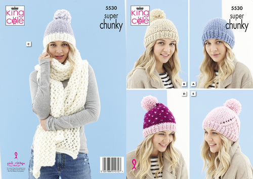 King Cole Super Chunky Knitting Pattern - Ladies Scarf & Hats (5530)