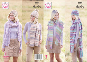 King Cole Chunky Knitting Pattern - Ladies Scarves & Hats (5559)