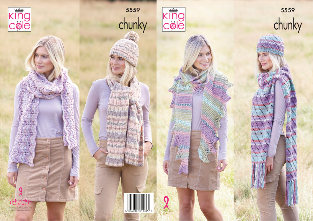 King Cole Chunky Knitting Pattern - Ladies Scarves & Hats (5559)