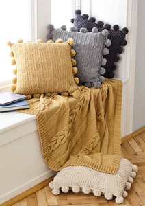 King Cole Aran Knitting Pattern - Cable Throw & Pom Pom Cushion Covers (5661)