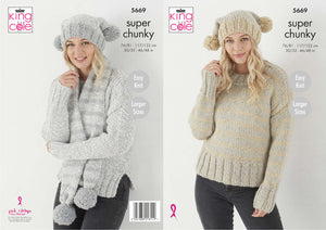 King Cole Super Chunky Knitting Pattern - Ladies Sweater Hat & Scarf (5669)