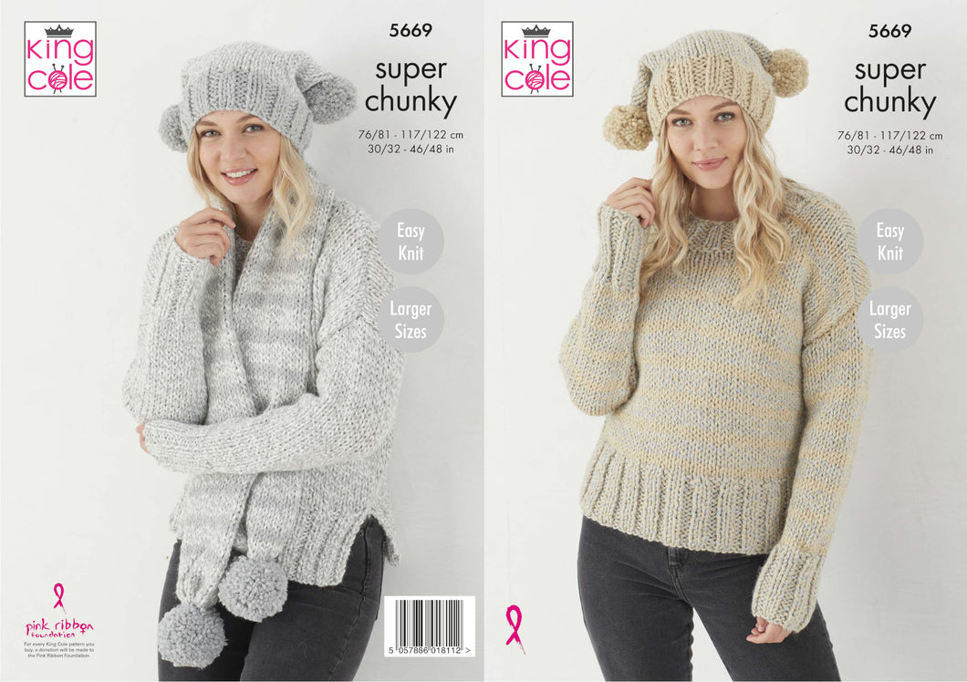 King Cole Super Chunky Knitting Pattern - Ladies Sweater Hat & Scarf (5669)