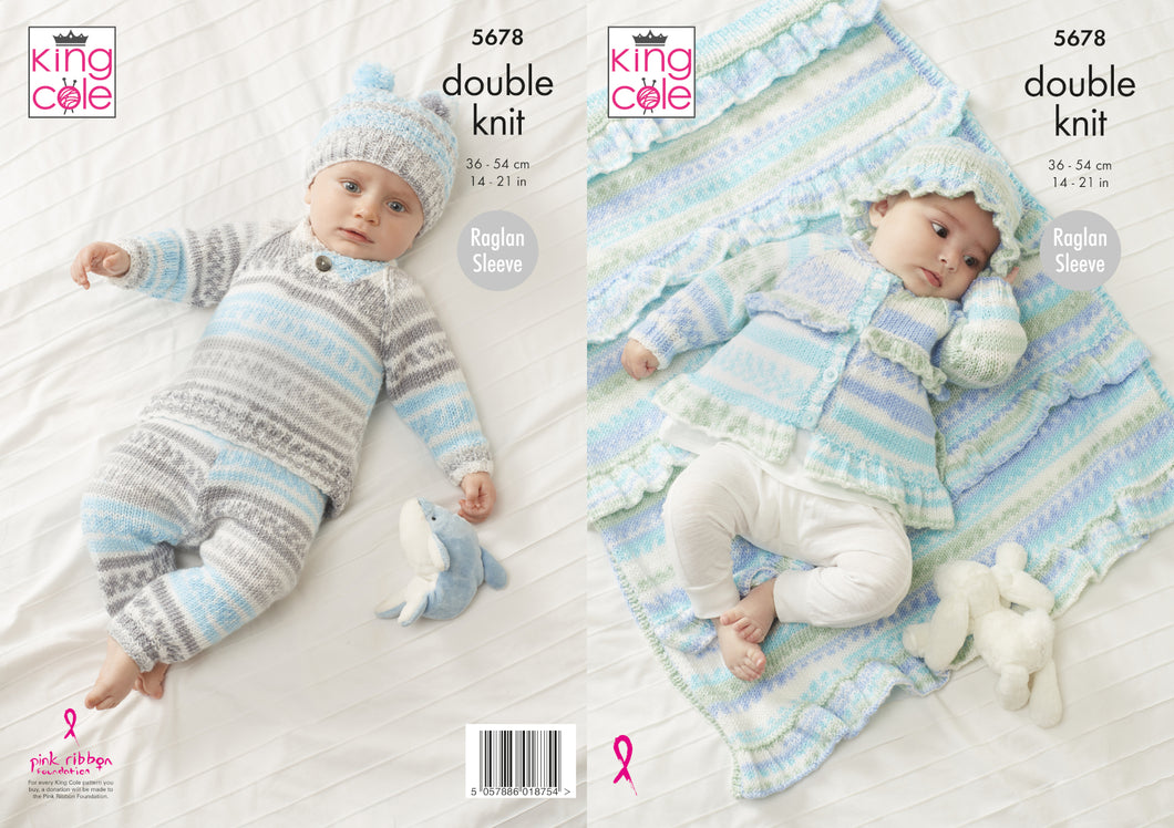King Cole Double Knitting Pattern - Baby Sweater Pants Jacket & Blanket (5678)