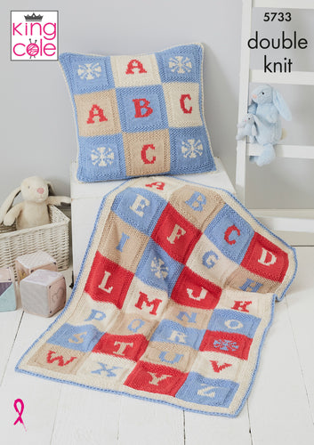 King Cole Double Knit Knitting Pattern - Alphabet Blanket & Cushion Cover (5733)