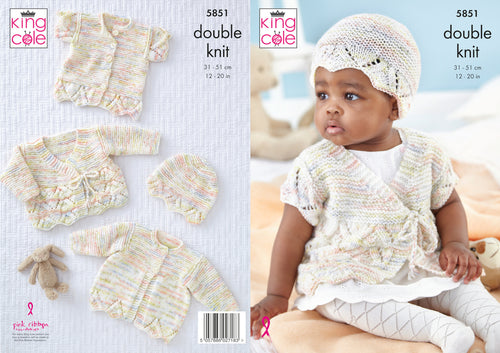 King Cole DK Knitting Pattern - Baby Coat Cardigan & Hat (5851)